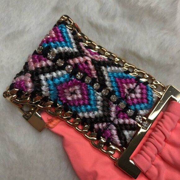 2pc triangle Beach Bunny Medium Swimwear Boho Paradise Bikini Orange Coral Pink - Picture 5 of 11